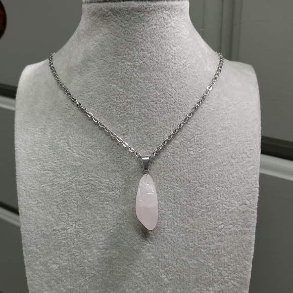 Rose Quartz Necklace Natural Gemstone Pink Crystal Pendant Stainless-Steel Chain - Picture 15 of 17